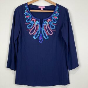 Lilly Pulitzer Beaded Tunic Navy Blue Women's Small 3/4 Sleeve